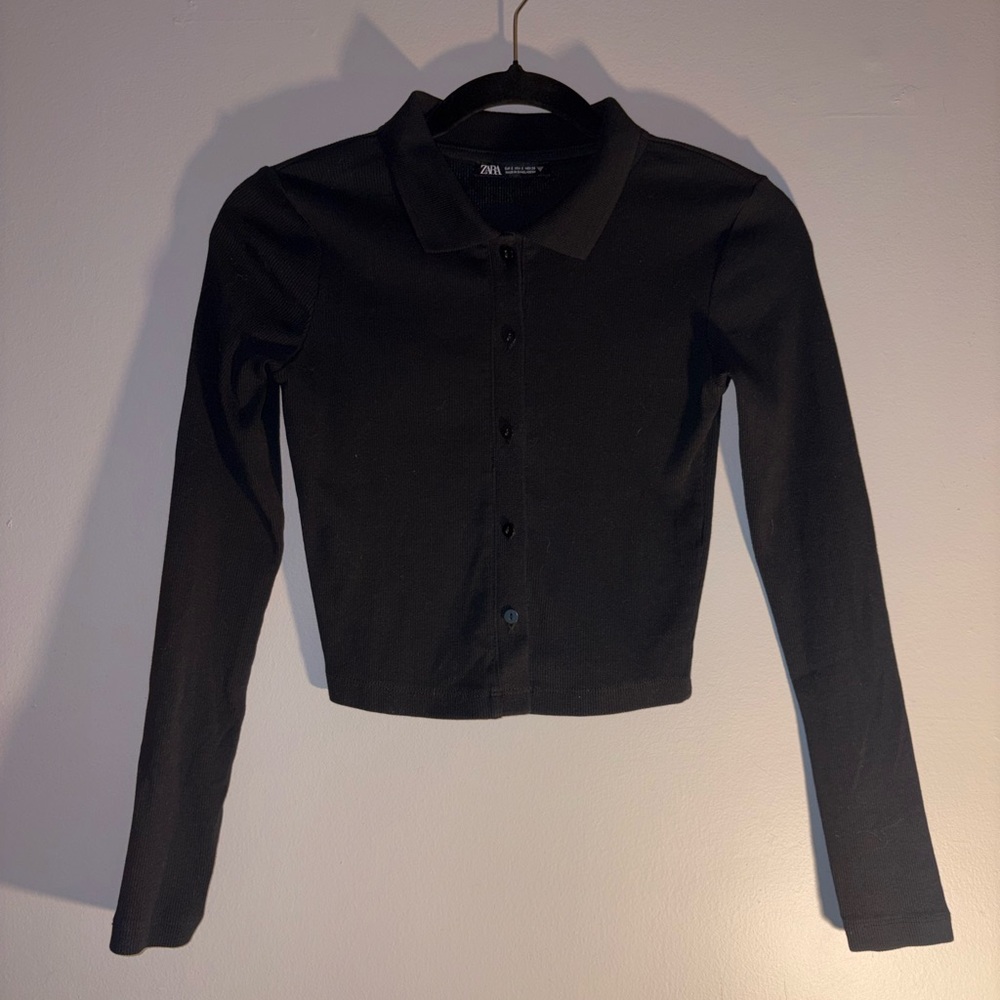 Zara Black Button Down Crop Shirt